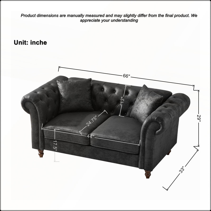 Canapé Chesterfield Tech pour salon et bureau, H 29 po x l 66 po x P 33 po, Noir