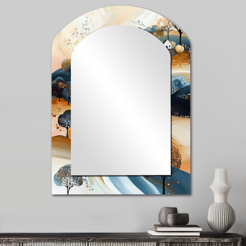Beige And Blue Minimalism Explosion Landscape I - Modern Arch Wall Mirror, 34" x 25"