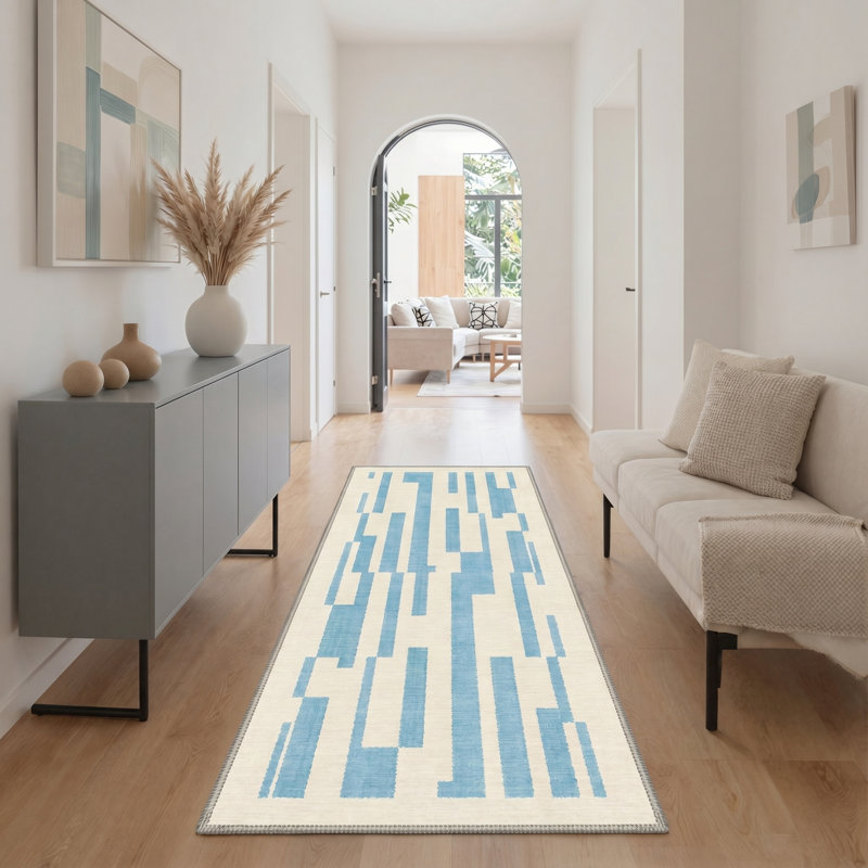 Vectra Modern Machine Washable Blue / Beige Indoor Area Rug with Non-Slip Backing, Runner 2' x 7'