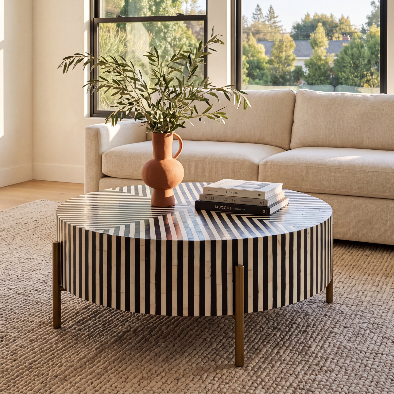 Bron 48" Bone Inlay Coffee Table, 12" H x 36" L x 36" W