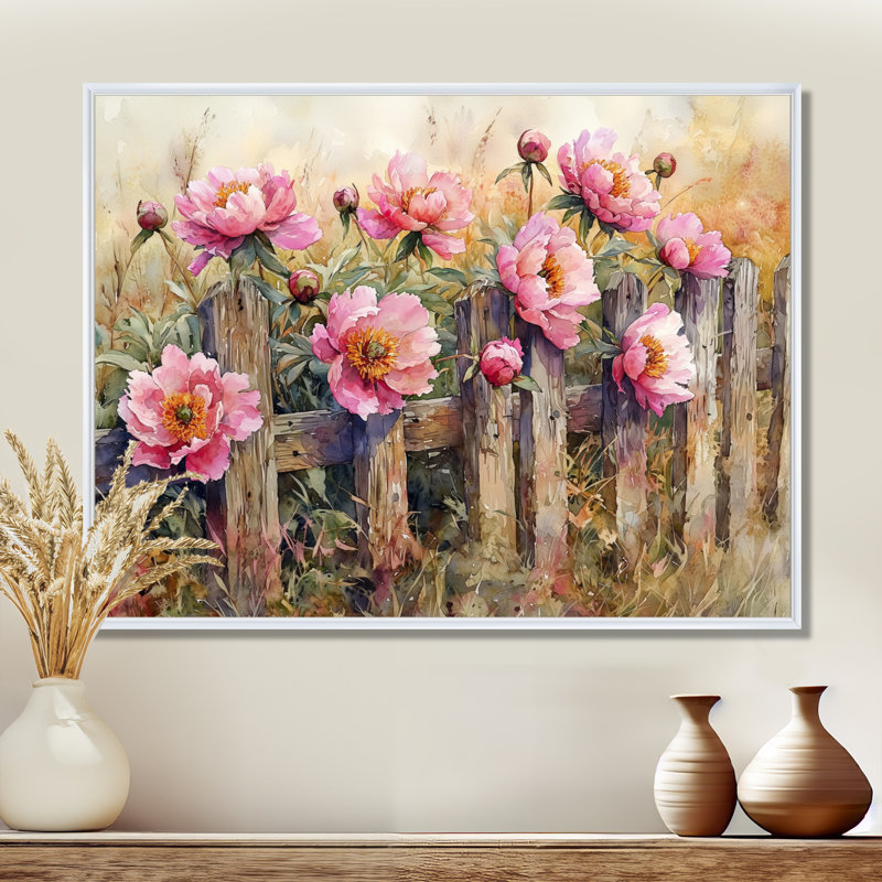 Ferme pivoines par la clôture rustique I - pivoines, art mural, H 30 po x l 40 po, Impression encadrée flottante, Blanc