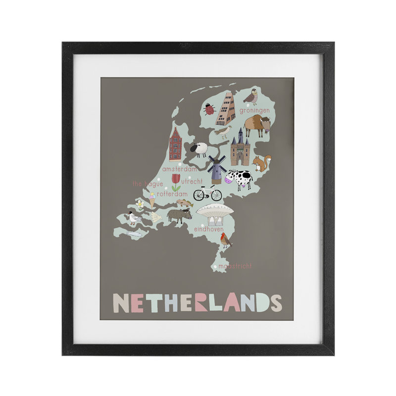 Carte d'enfant des Pays-Bas, reproduction encadrée sous verre, design par Carla Daly, H 16 po x l 13 po, Cadre noir minuit
