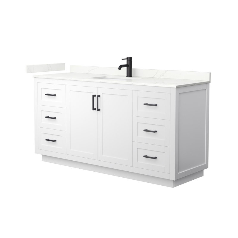 Meuble-lavabo simple autoportant de 66 po avec plateau en quartz Miranda, Quartz Giotto, Blanc, Noir mat