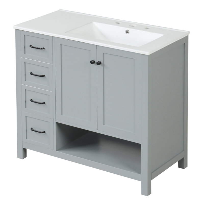Meuble-lavabo moderne gris 36 po, armoire en bois massif et deux portes, tiroirs, lavabo en céramique, look élégant 36 po avec lavabo gris et armoire