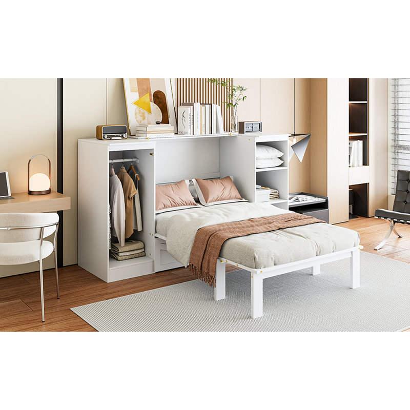Lit simple avec rangement de chevet et garde-robe - blanc, taille d'espace dans les tablettes latérales blanches - Assemblage facile