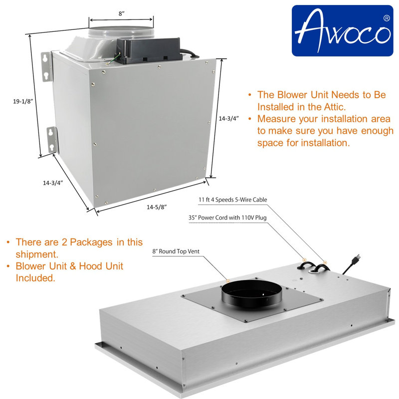 Hotte encastrable 30 po avec filtre à mailles et lumière incluse en acier inoxydable Awoco 1000 po 1000