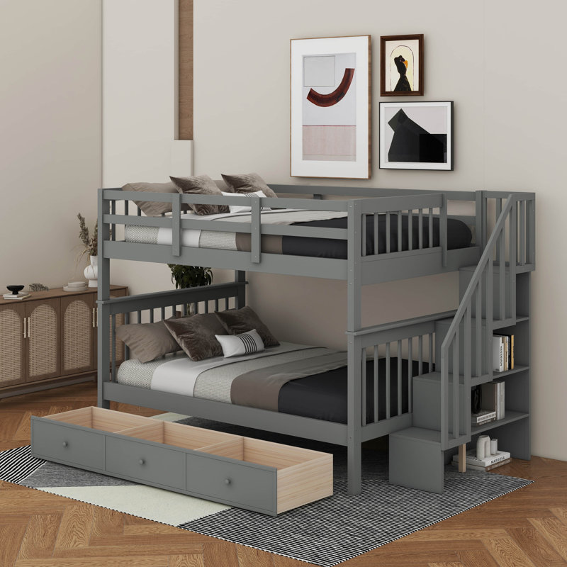3 Drawers Wood Standard Bunk Bed, Gray, Full Over Full