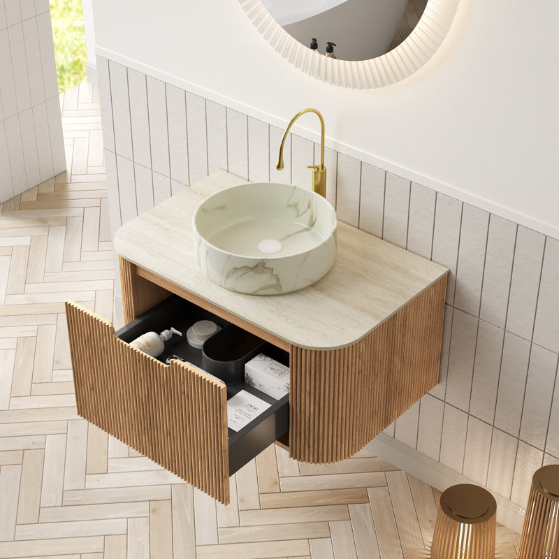 Dina 30" Bathroom Vanity&Sink, Floating Curved Edges Striped Cabinet With Drawer, Round Ceramic Basin With Stone Pattern&Travertine-Pattern Sintered Stone Top, Pre-Assembled, Natura Woodgrain Color