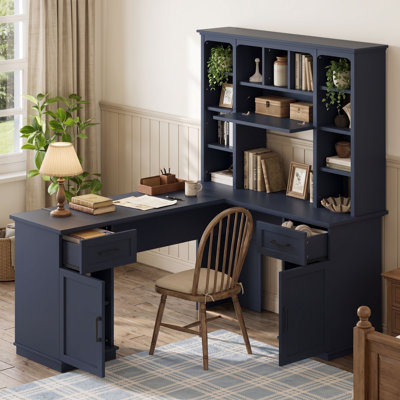Bureau d'ordinateur en L avec armoire de rangement et prise de courant