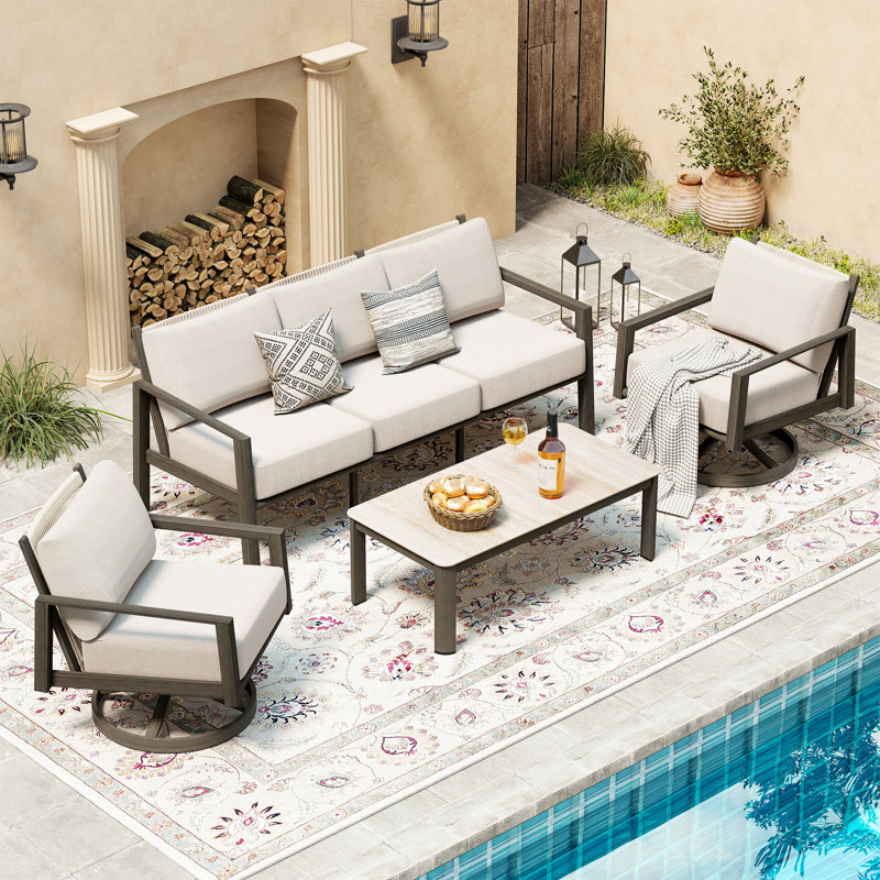 Nimbus 4-Piece Brown Aluminum Patio Conversation Set With Swivel Chairs, Light Gray Cushions And Coffee Table