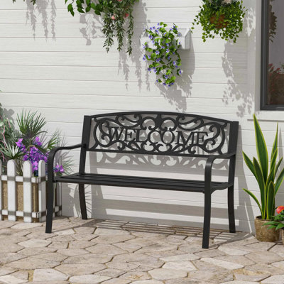 50" 2-person Garden Bench With Cast Iron Welcome Design, Outdoor Patio Loveseat With Decorative Vine Pattern, Weather-resistant Metal Bench For Backyard, Porch, Entryway
