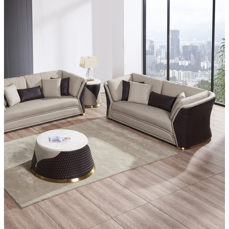 Leather Loveseat, Sand Beige/Chocolate Genuine Leather