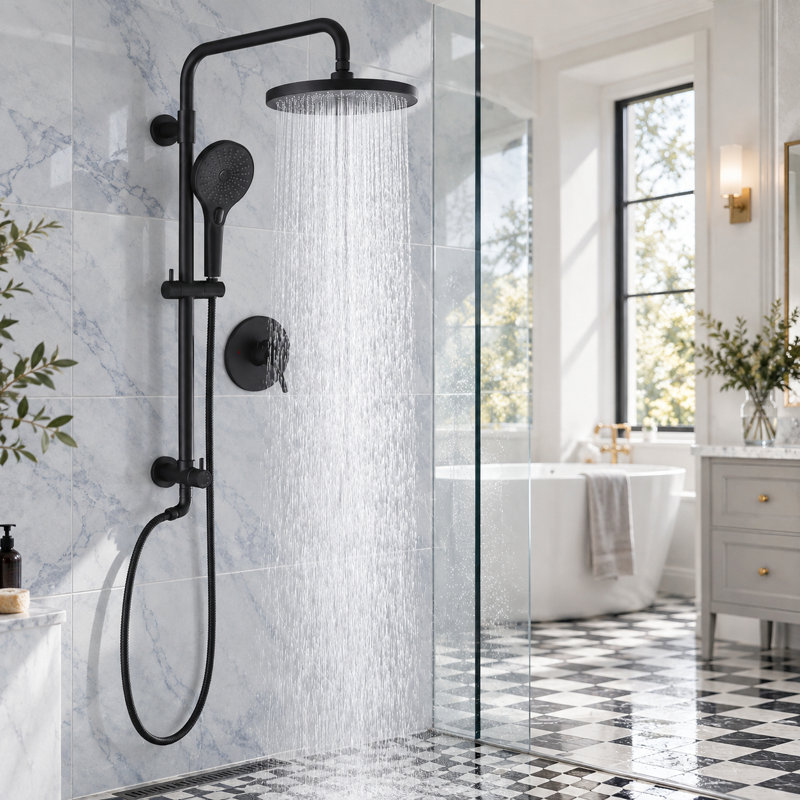 Wall-Mounted Shower System with 3 Water Outlet Modes, 3-Spray Handheld Shower, Rough-In Valve, Matte Black