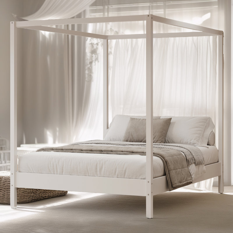 ?Elegant Canopy Bed Frame – 4-Poster Platform Bed with Slats, No Box Spring Needed?, White, King