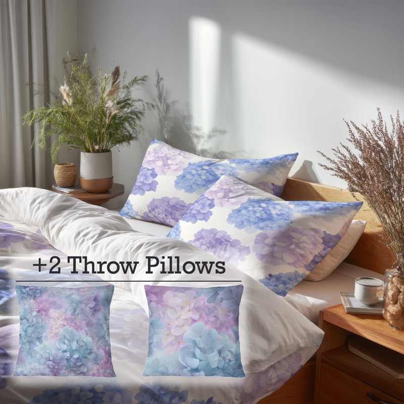 Ensemble de literie à motif floral 5 pièces - housse de couette et coussin décoratif French Hydrangea