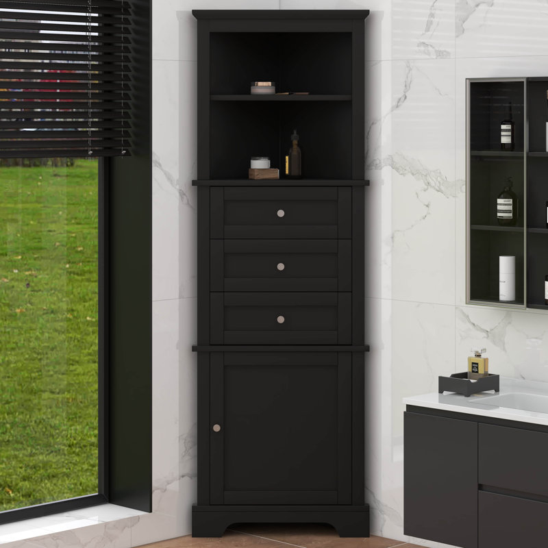 Armoire triangulaire haute avec 3 tiroirs et tablettes réglables, armoire de rangement haute pour salle de bain, panneau de fibres à densité moyenne avec finition peinte