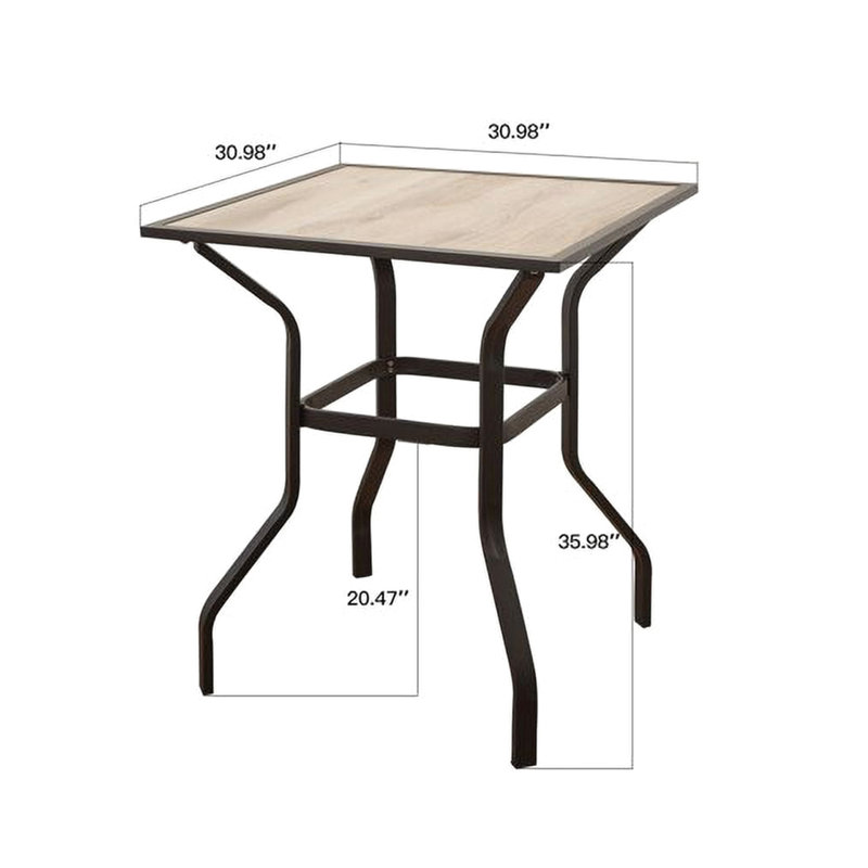 Table de salle à manger carrée en métal avec dessus en bois d'aspect bois pour terrasse et plateau en faux bois