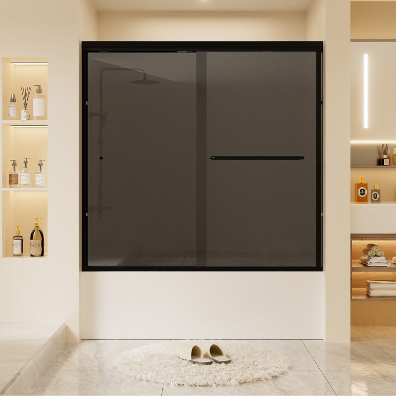 59" W x 56" H Double Sliding Semi-Frameless Tub Door, Matte Black, Smoke Gray