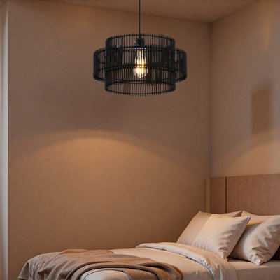 16 In. 2-tier 1-light Black Hanging Pendant Light With Natural Bamboo Round Shade, Bulb Not Included