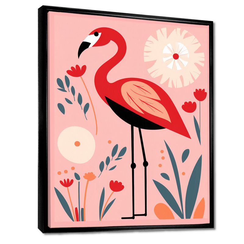 Illustration rétro de flamant rose - flamant rose, art mural, Toile flottante noire encadrée, H 20 po x l 12 po