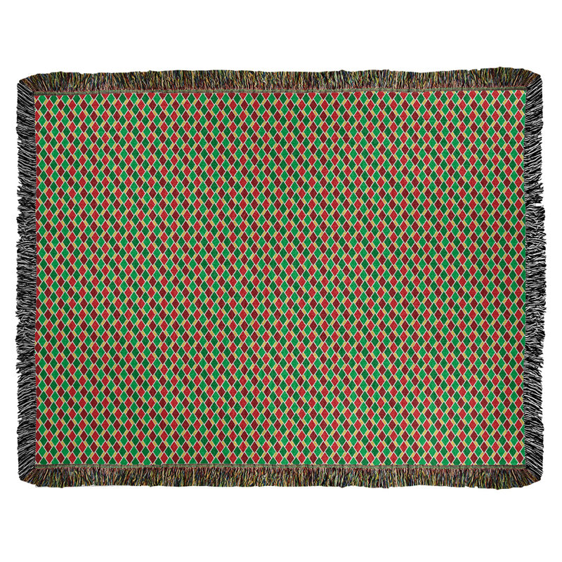 Hand Woven Throw Blanket, 50" W x 60" L, Geometric, Green/Red/Yellow
