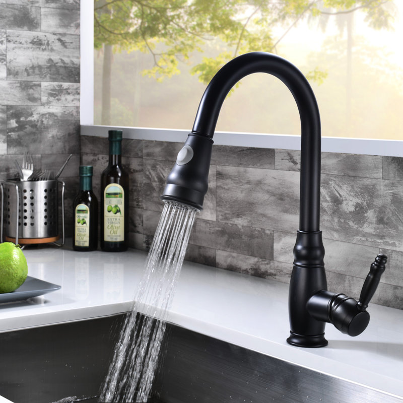 Brass Kitchen Sink Faucets - Commercial Modern With Pull Out , Stream And Spray Functions For Convenience Black Faucet Design, Single Handle Easy Cleaning Functional Use