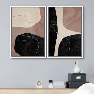 Reproduction de style Mid-Century de style Mid-Century brun, brun et brun clair, variété de formes abstraites, chic moderne sur toile, 2 pièces