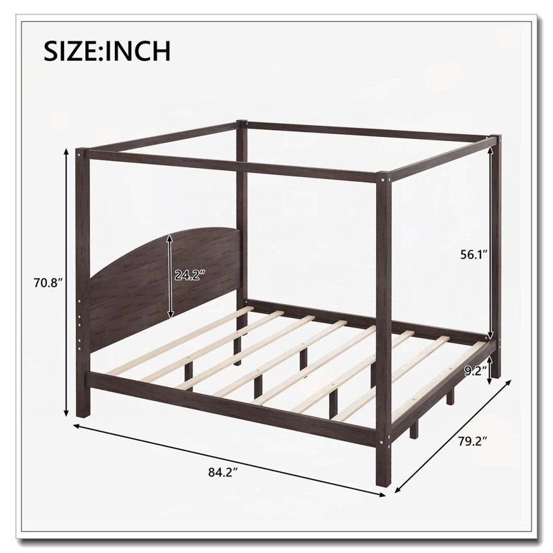 Lit plateforme à baldaquin en bois avec tête de lit et pieds de support, Brun délavé