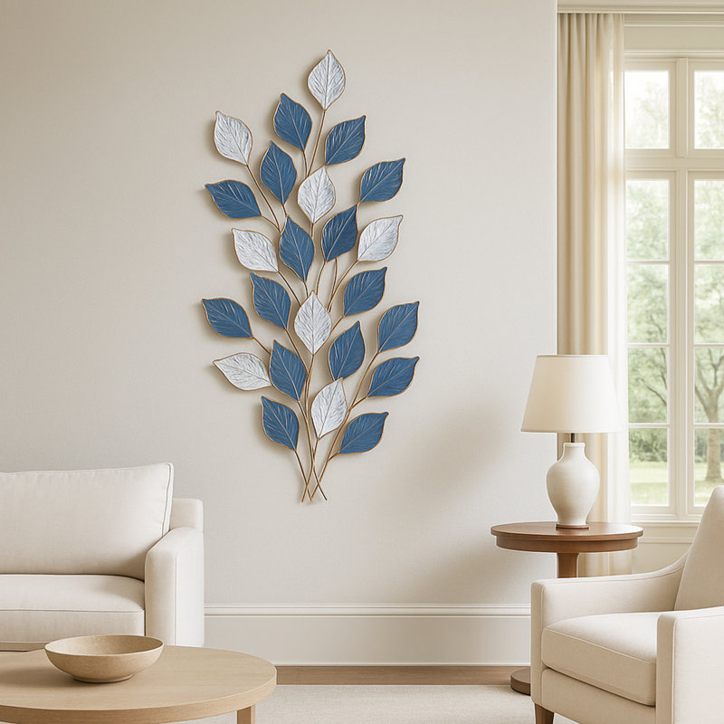Green and White Leaf Metal Wall Art with 3D Textured Design