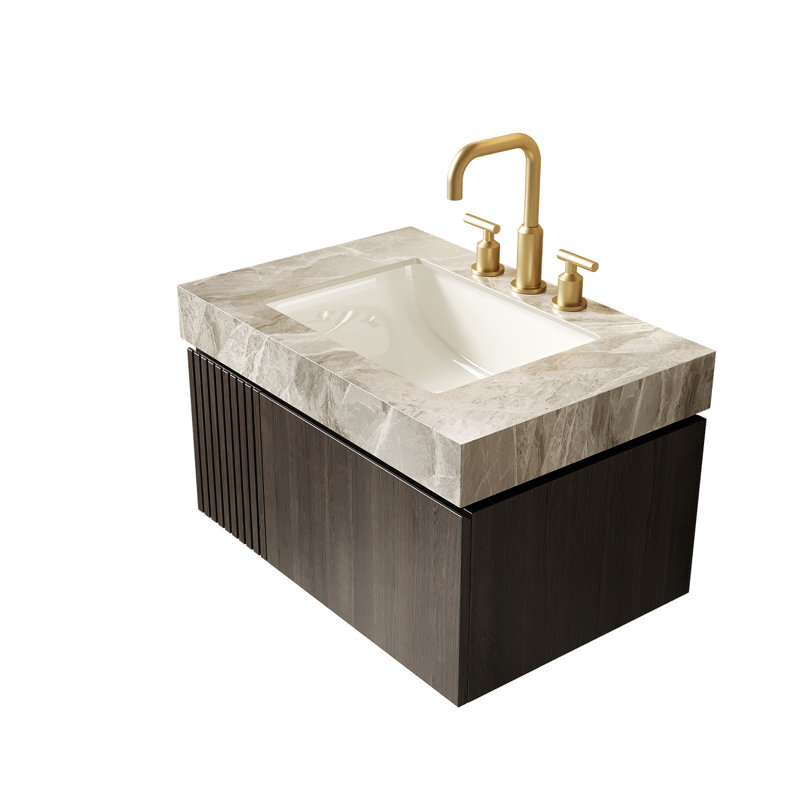 Meuble-lavabo flottant avec plateau en pierre frittée et lavabo en céramique