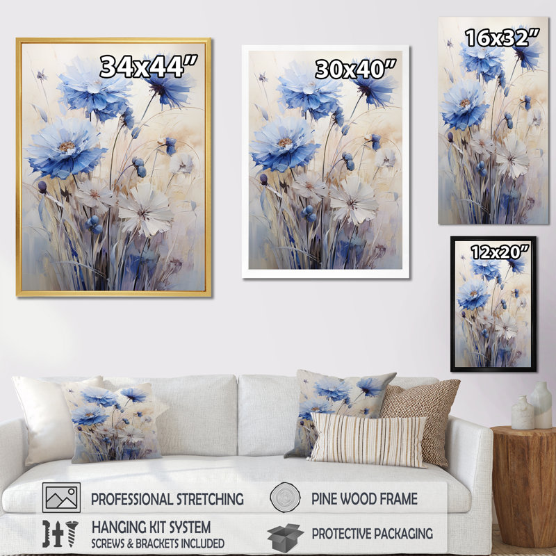 «Minimal Beige and Blue Cornflowers Expression III», reproduction sur toile, Cadre simple argenté, H 32 po x l 24 po x P 1 po