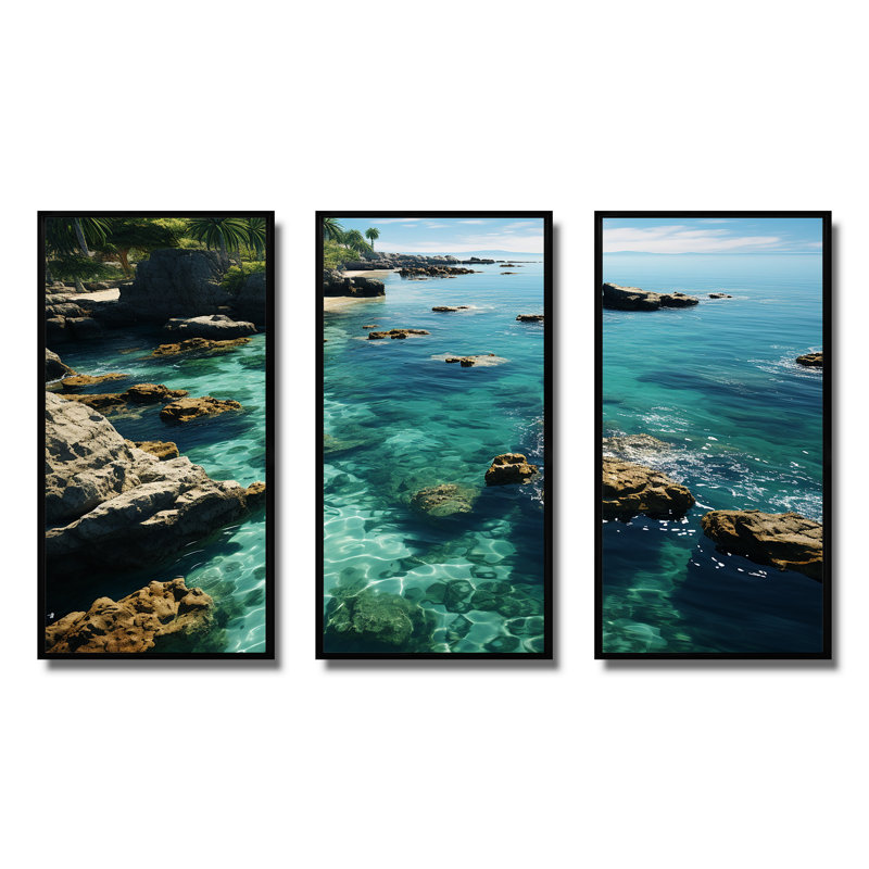 Aérien, paradis de corail, plages tropicales dévoilées I - art mural plage, Cadre flottant noir, H 40 po x l 61 po x P 1 po