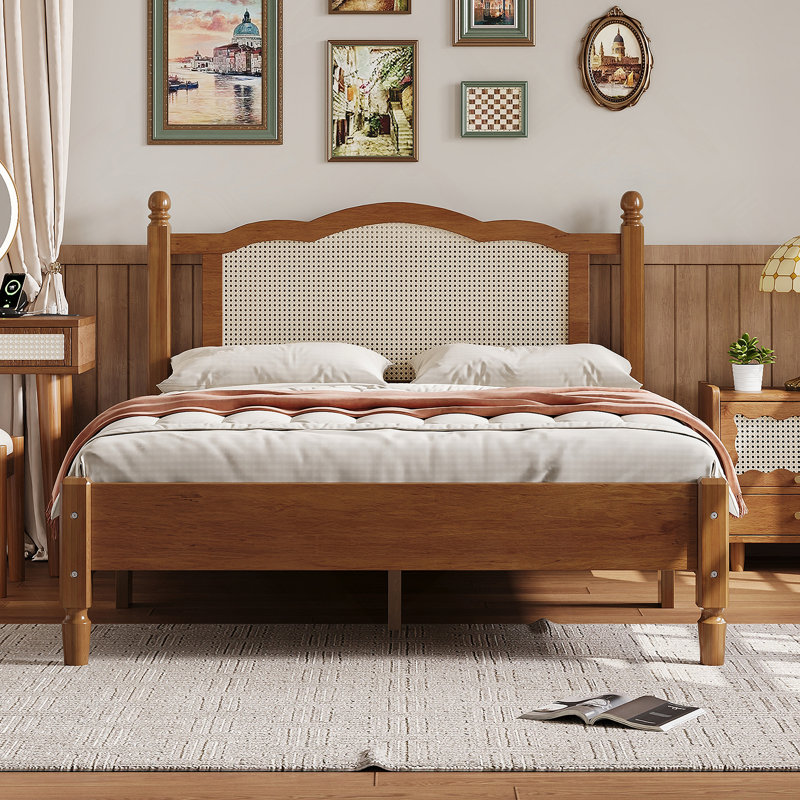 Lit plateforme en bois exquis avec tête de lit en rotin naturel pour un sommeil de rêve, Noyer, Double