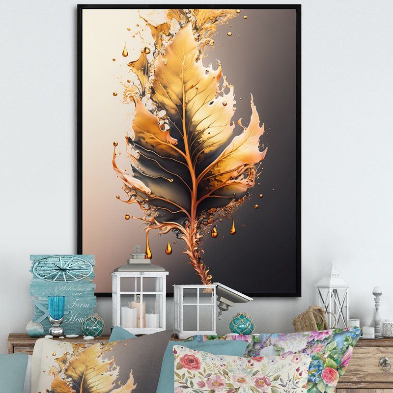 «Gold Abstract Leaves II», impression sur toile, H 32 po x l 16 po x P 1 po, Cadre flottant noir
