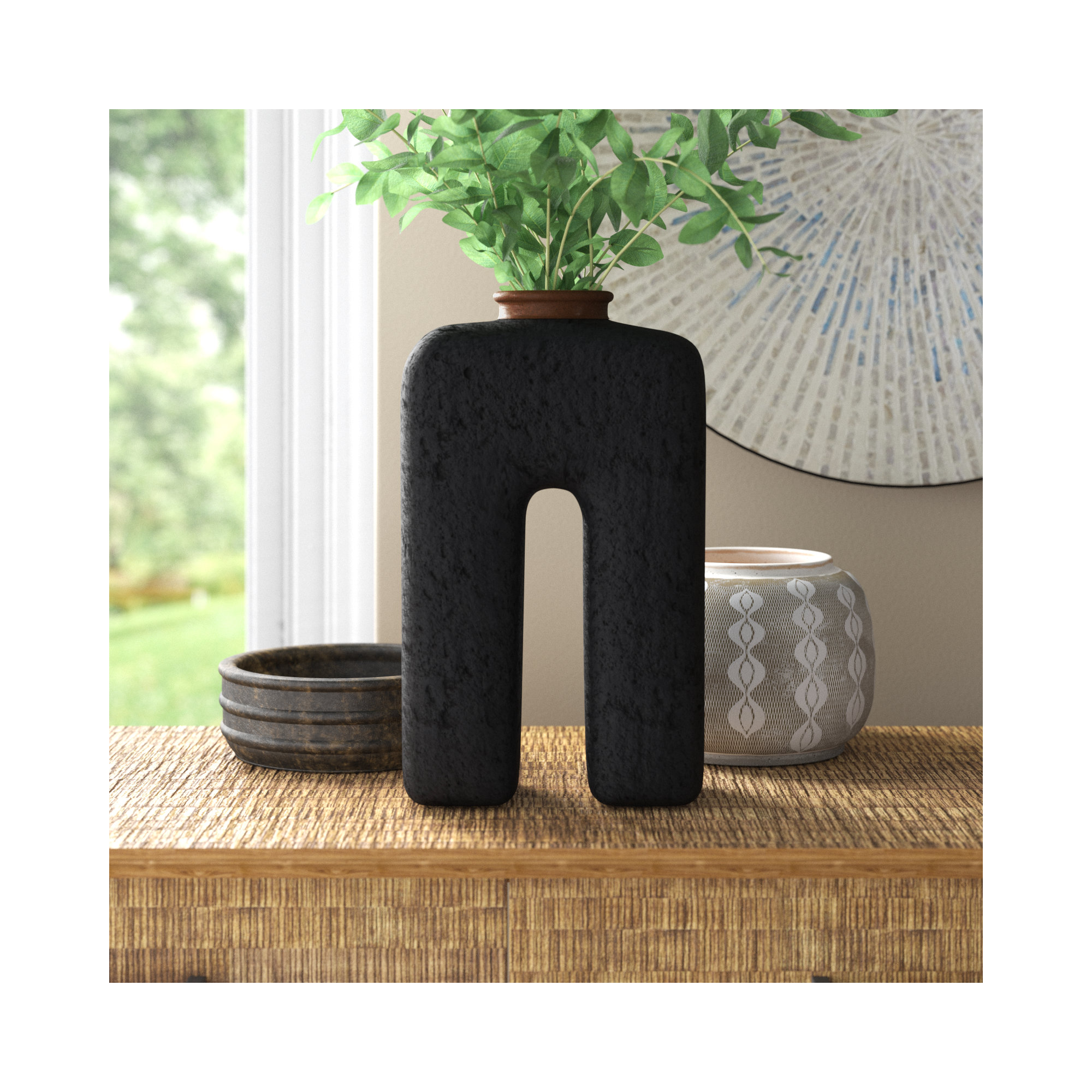 Decorative Pottery and Ecomix Vase with Modern Sculptural Design and Unique Rectangular Cut-Out Shape for Contemporary Stylish Accents.