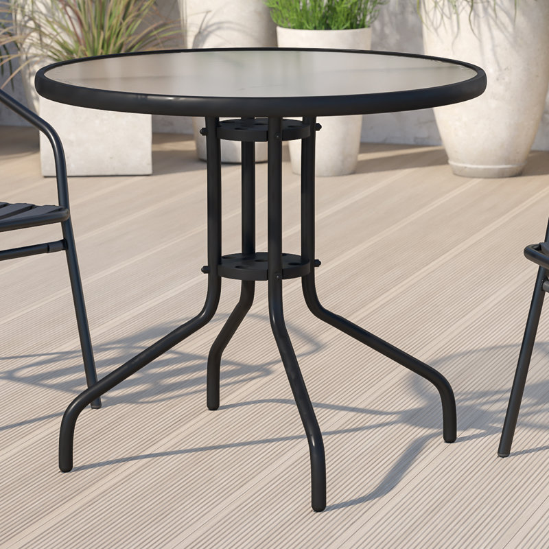 Amlie 23.75" Round Tempered Glass Metal Table with Smooth Ripple Design Top, Clear/Black