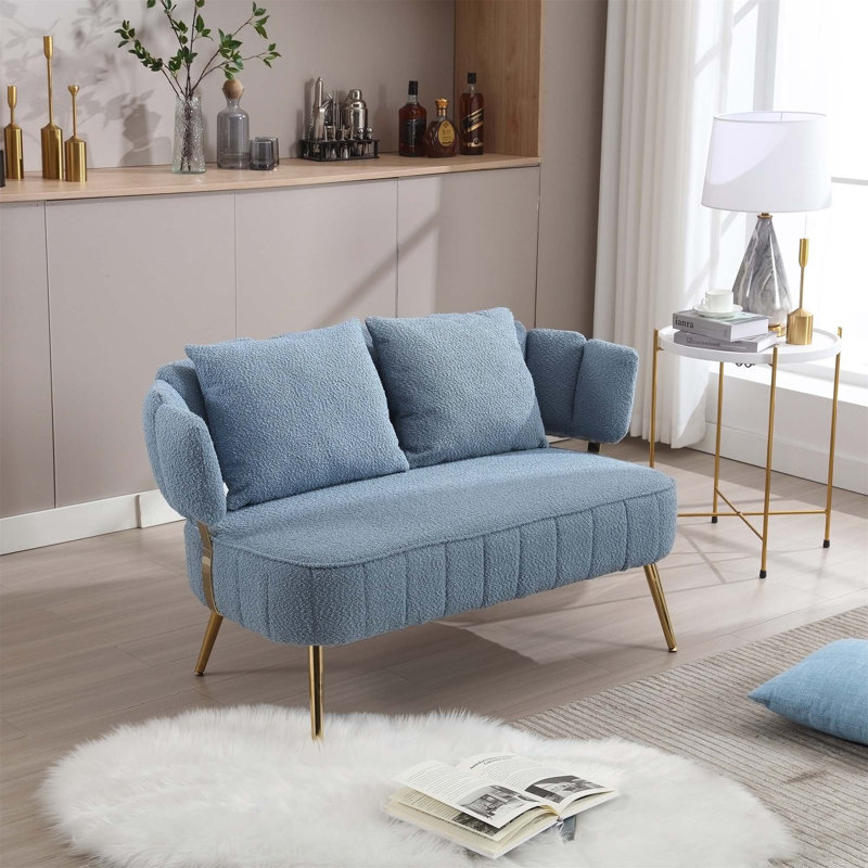 Causeuse en tissu Donneta Boucle, Velours bleu clair