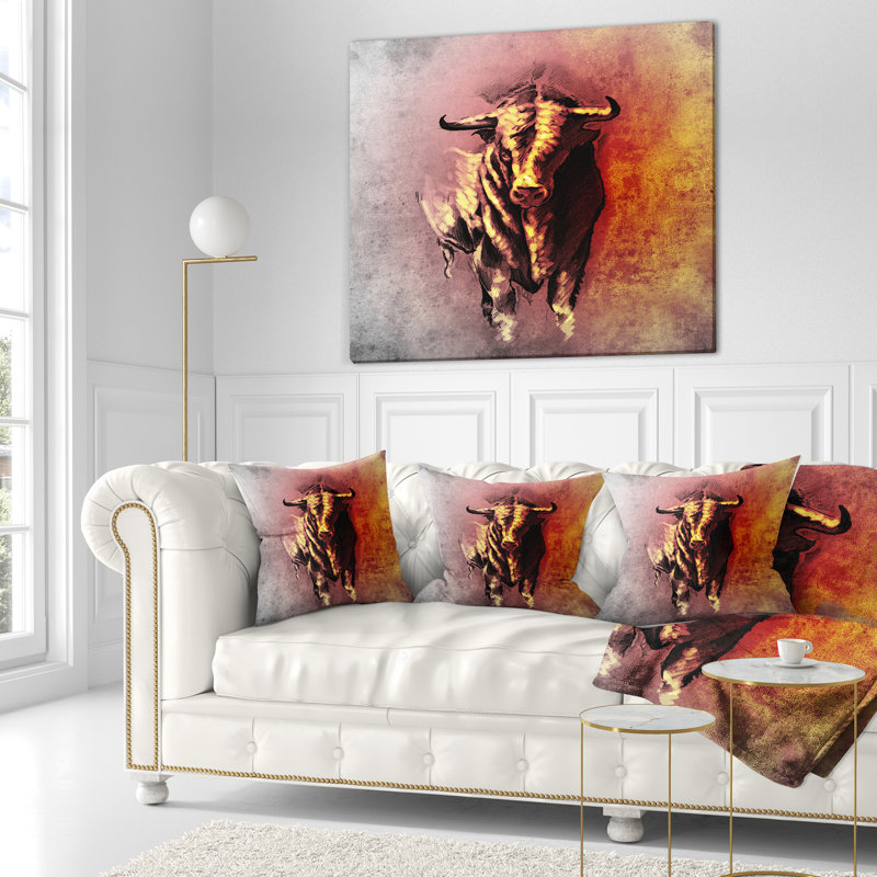 Esquisse de taureau espagnol - coussin imprimé animal, 16 po x 1 po, Coussin décoratif