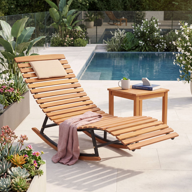  Chaise longue berçante d'extérieur en bois d'acacia Bahadur