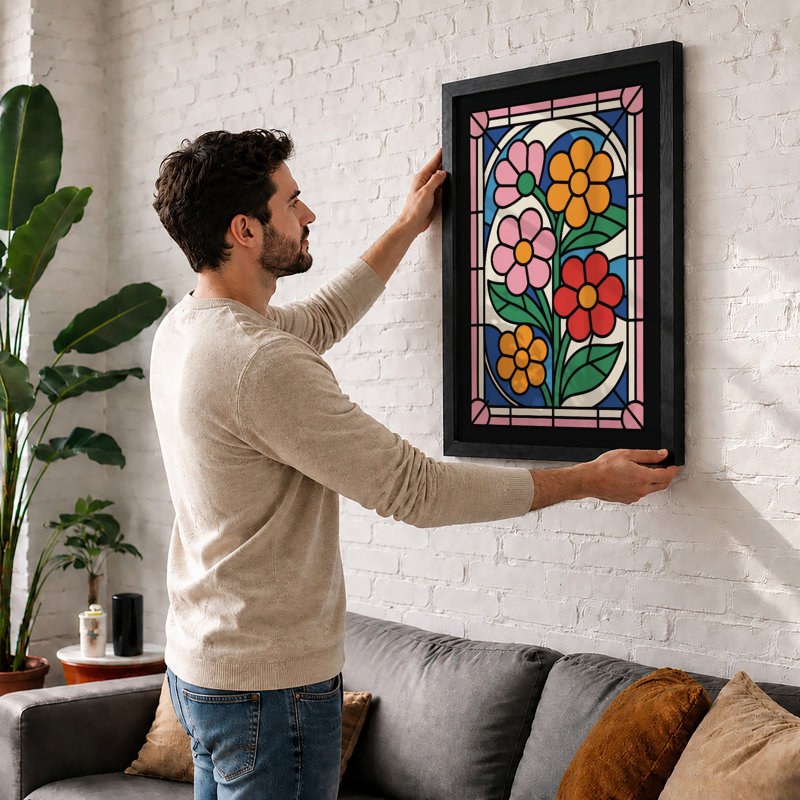 Stained Glass Flowers Botanical - Framed Print, Oak, A3 - 42.0 x 29.7 cm