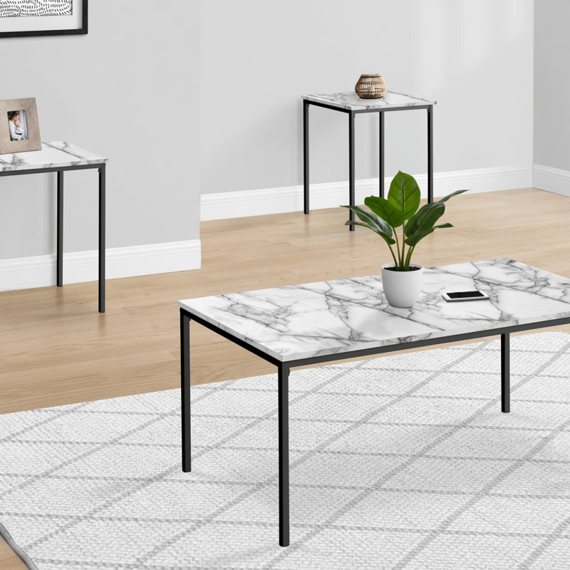 Ensemble de table, ensemble de 3 pièces, café, bout, métal noir, stratifié aspect marbre blanc