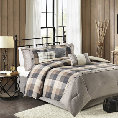Édredon pour grand lit 7 pièces - chevrons neutres, motif écossais Buffalo, rembourrage, lavable à la machine, coussins décoratifs, jupe de lit rabattable de 15 po pour grand lit, motif neutre, édredon, 2 taies décoratives, 3