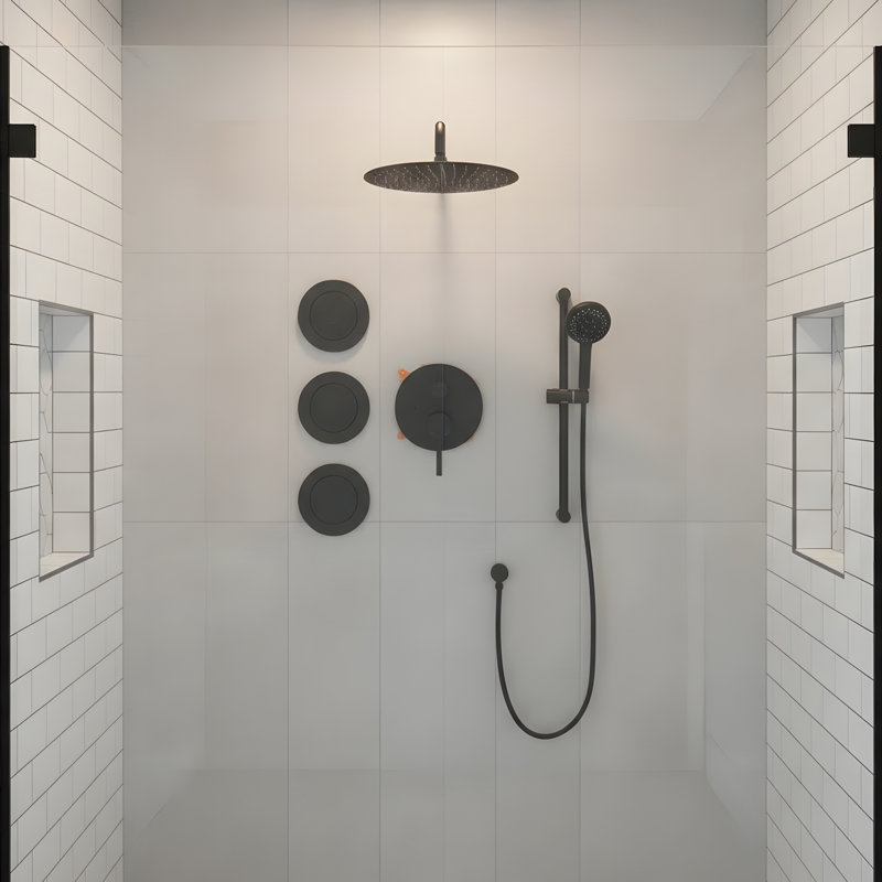 Shower System with Shower Head, Hand Shower, Slide Bar, Bodysprays, Shower Arm, Hose, Valve Trim, and Lever Handles