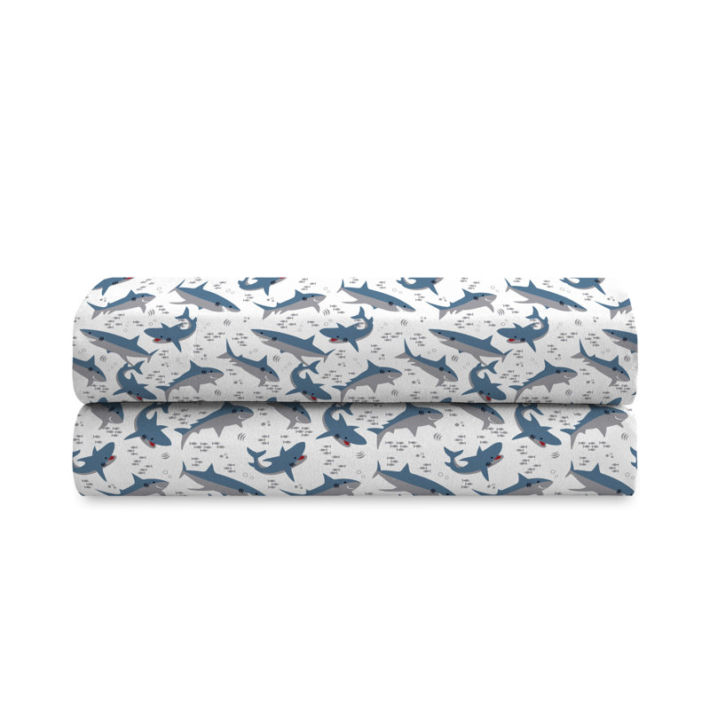 Blue and White Shark Print Twin Microfiber Sheet Set
