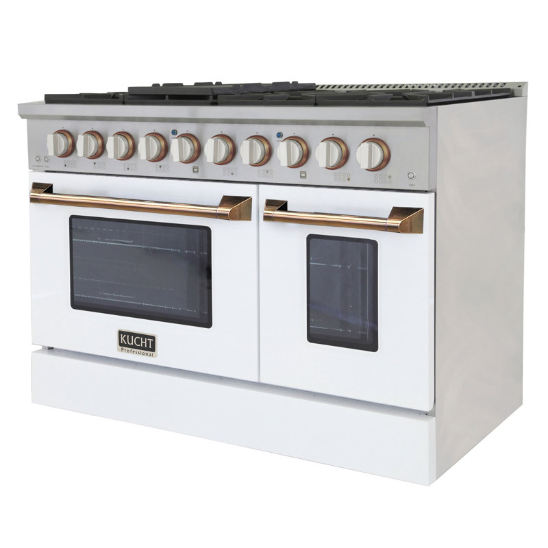 Custom Pro-Style 48 in. 6.7 cu. ft. 8-Burner Freestanding Double Oven Gas Range, Natural Gas, White/Gold