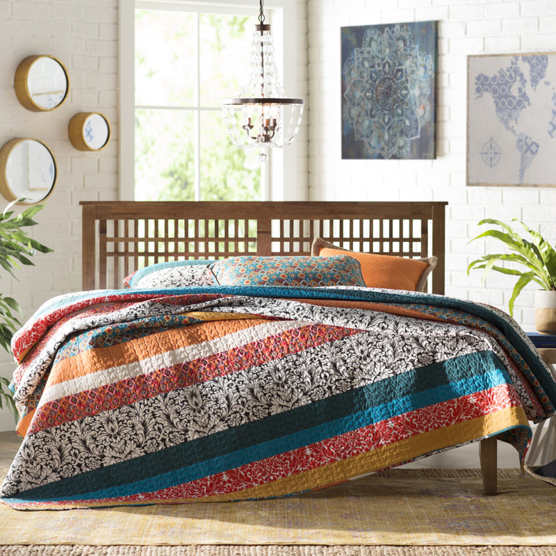Boho Stripe Turquoise Tangerine Reversible Cotton Full Quilt Set