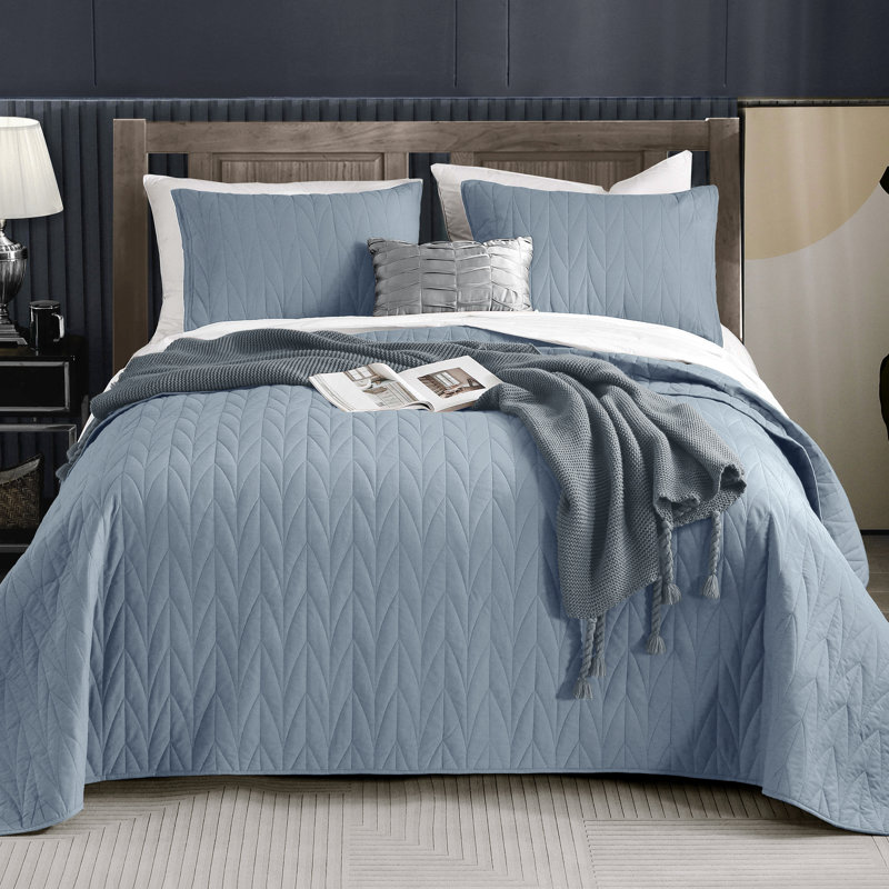 Ensemble de courtepointe réversible 100% coton Wonderful 3 pièces, Double / grand + 2 taies décoratives standard, Bleu