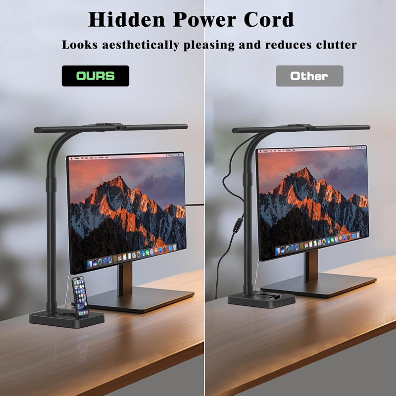 LED Desk Lamp With Phone Holder Base, 24W Adjustable Gooseneck Lamp, 25 Lighting Modes For Home Office Study