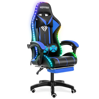 Hoffree Reclining Ergonomic PC & Racing Game Chair with LED Lights & Massage Lumbar Pillow