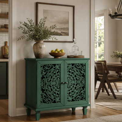 Commode d'appoint rétro sculptée, buffet de rangement à 2 portes avec motif floral symétrique, tablette réglable et pieds en bois massif pour le vestibule du salon